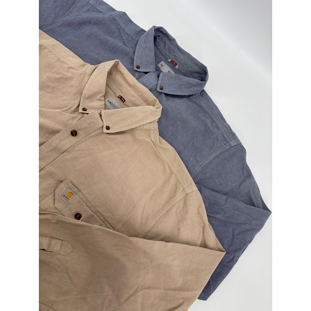 Carhartt Mens Long Sleeve Button Down Shirt Bundle Tan Blue Chambray 2 Pack XL